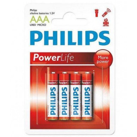 PILHAS ALCALINAS PHILIPS AAA COM 4 POWER LIFE - (LR03-P4B/97)