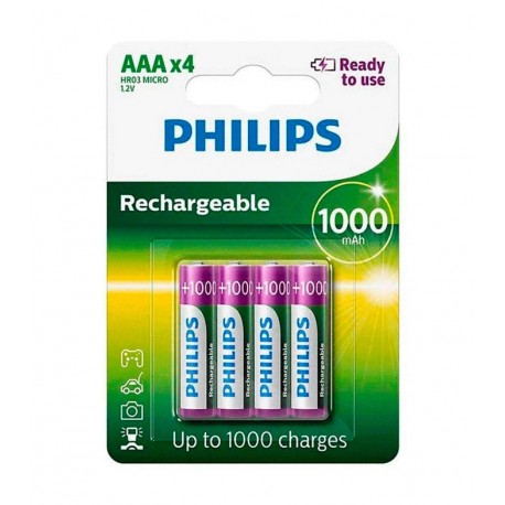 Pila Philips Recarregável AAA 1000-mAh - Con 4 unidades (R03B4RTU10/97)