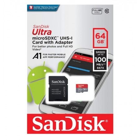 CARTÃO DE MEMÓRIA SANDISK MICRO SD ULTRA C10 64GB /100MBS(SDSQUAR-064-GN6MA)